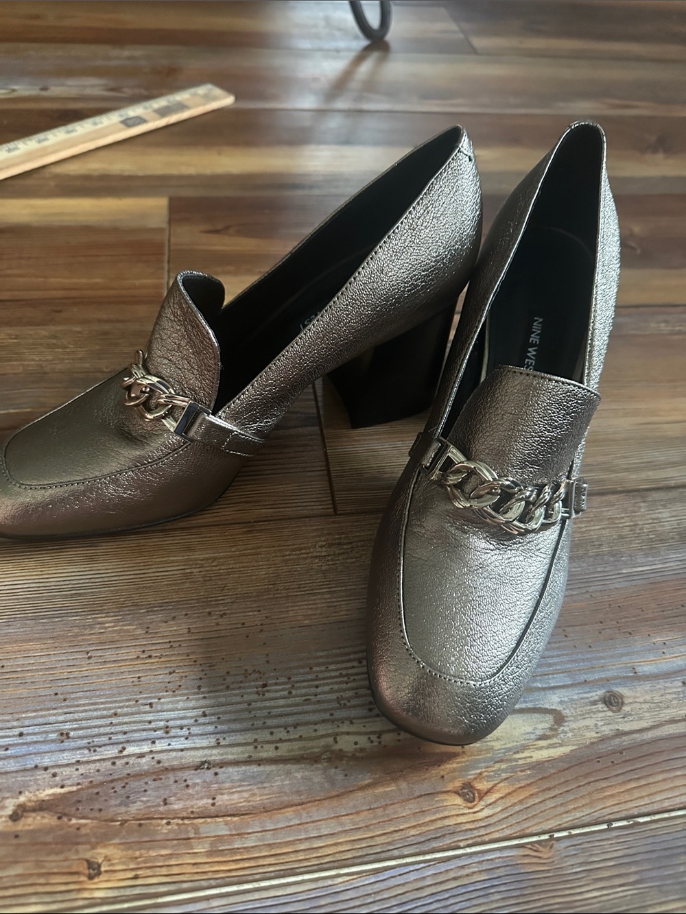 Nine West Metallic Pewter Chain-Trim Block Heel Loafers 8.5